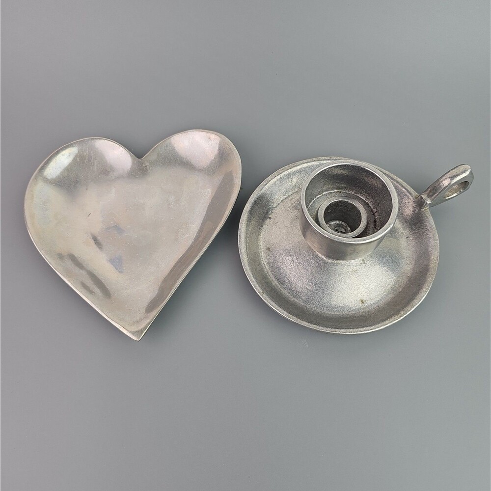 Vintage Pewter Pewtarex PA Candle Holder Unmarked Heart Trinket Dish 2 Piece Lot